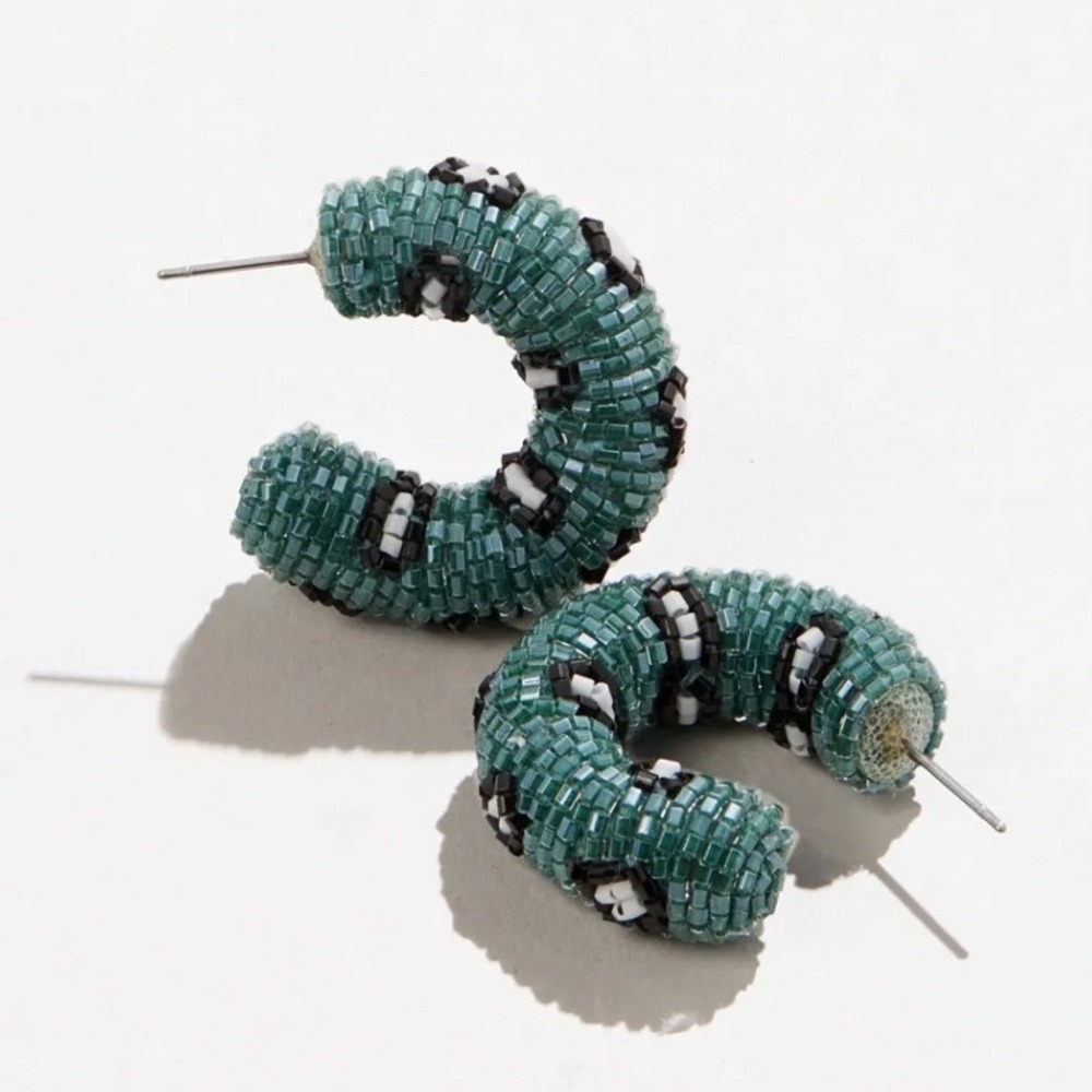 Mignonne Gavigan‎ Agnes Beaded Green Black Snake Print hoop earrings